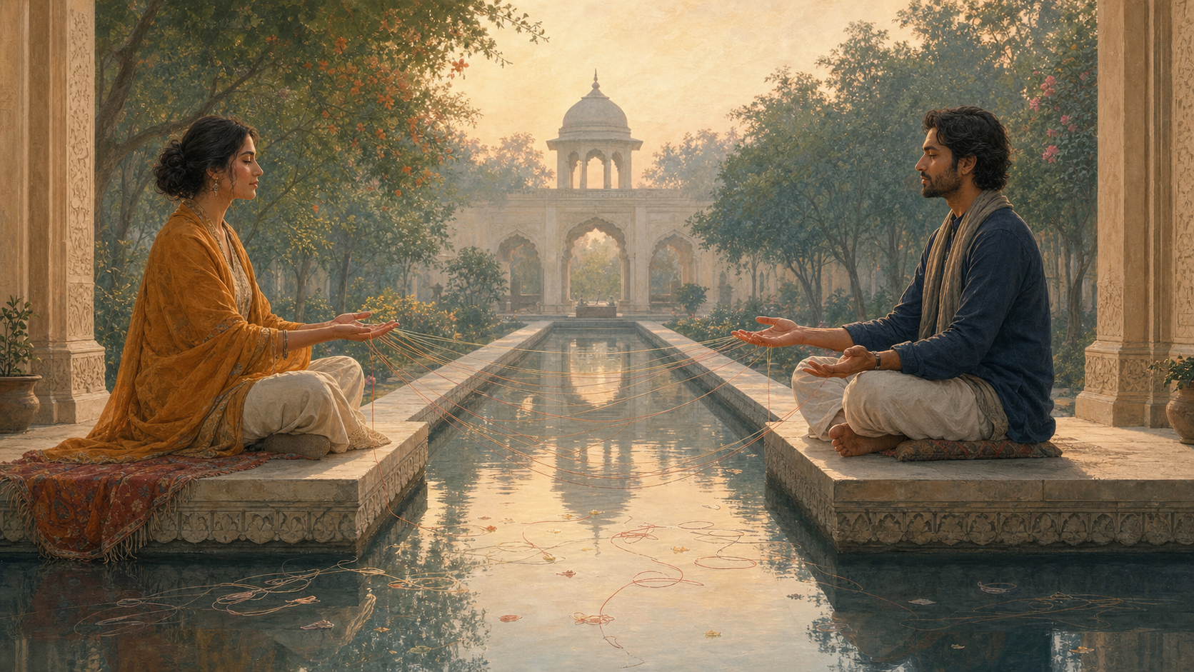 Two people sit on separate stone platforms across a reflecting pool, with loose threads extending between their open hands in a quiet courtyard.