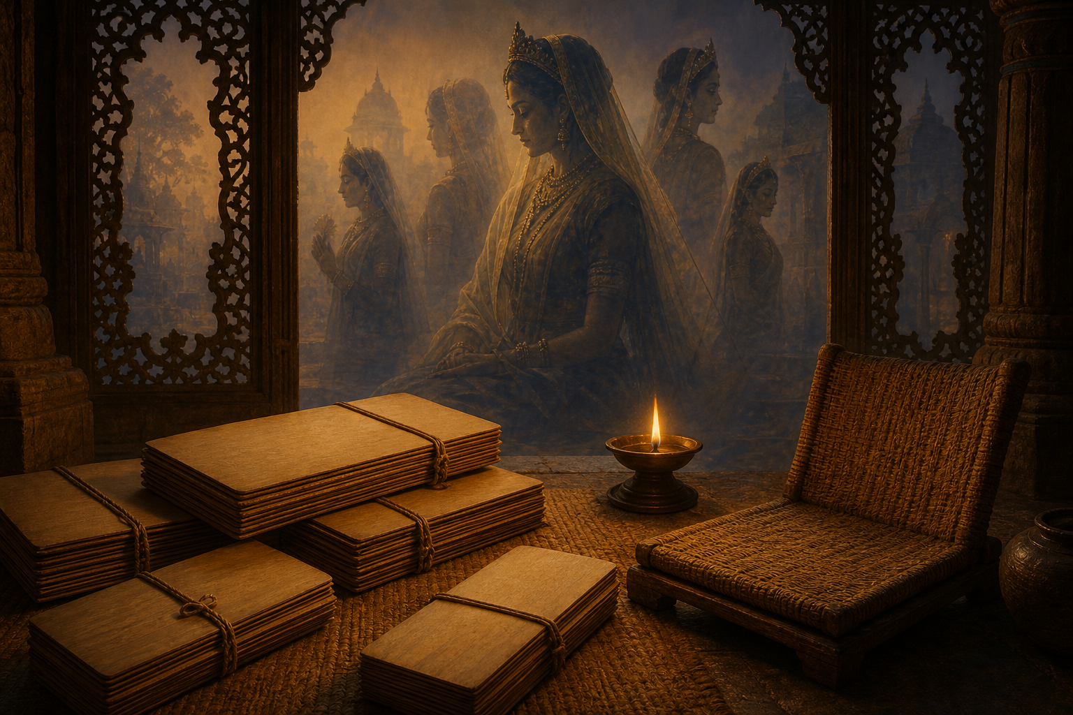 Palm-leaf manuscript bundles, a storyteller's seat, and overlapping silhouettes of a noblewoman symbolize layered written and oral traditions.
