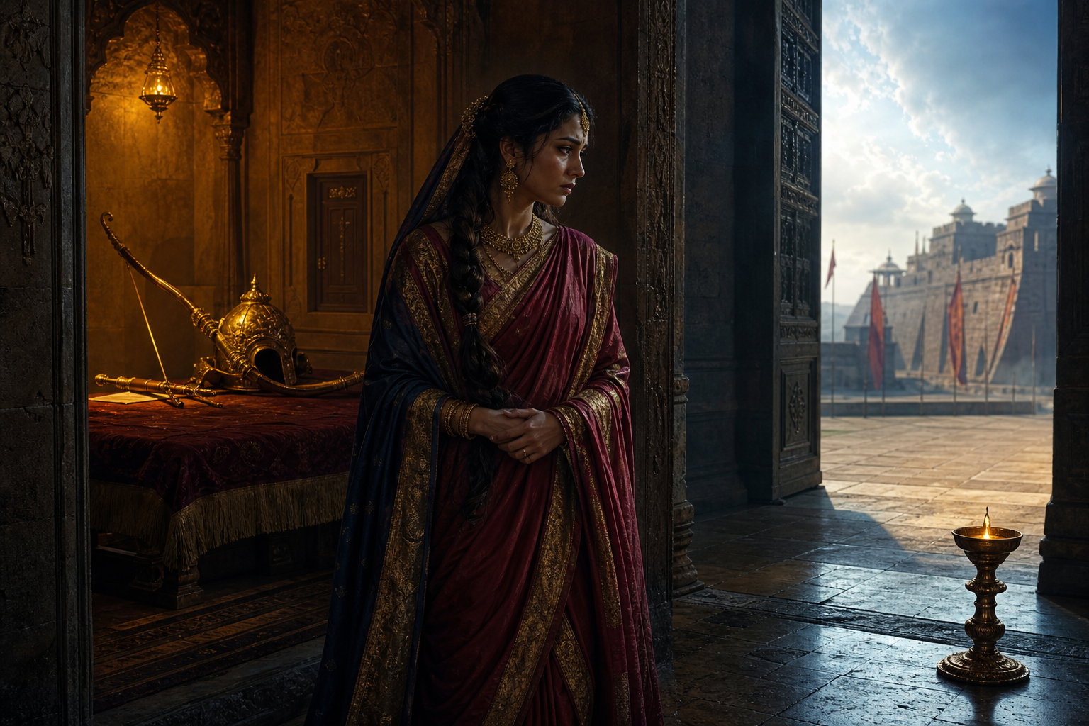 Sulochana pauses between a warmly lit chamber holding a warrior's bow and a dawn-lit doorway with an oil lamp.