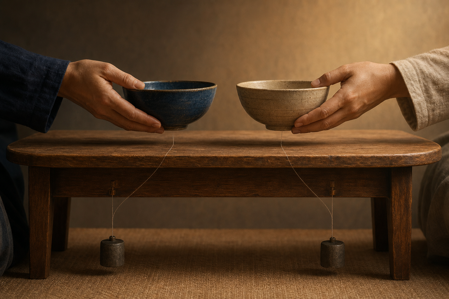 Two hands offer ceramic bowls across a wooden table while thin cords beneath the table connect the bowls to hidden weights.