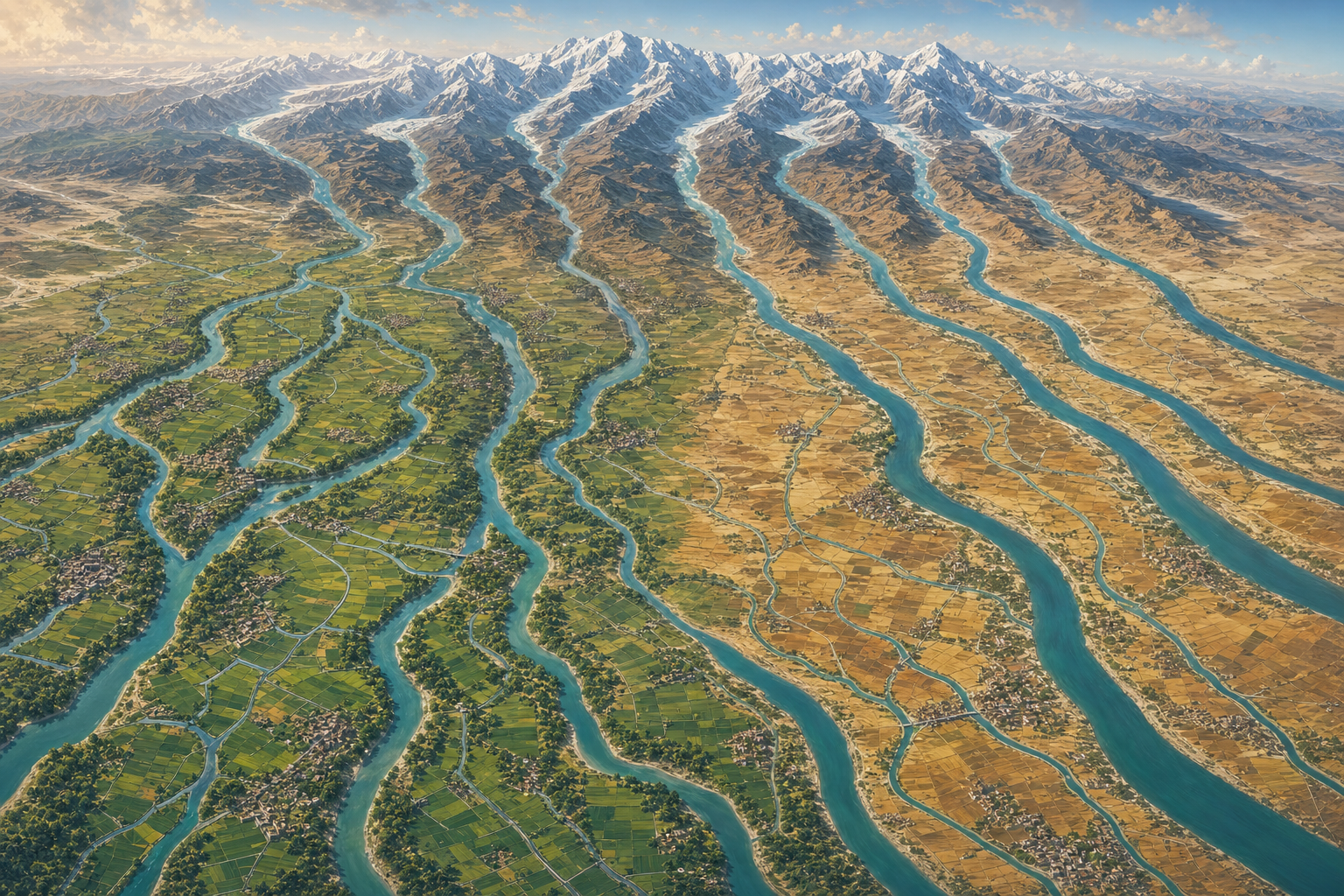 An aerial landscape shows several Himalayan-fed rivers separating into two groups across irrigated plains.