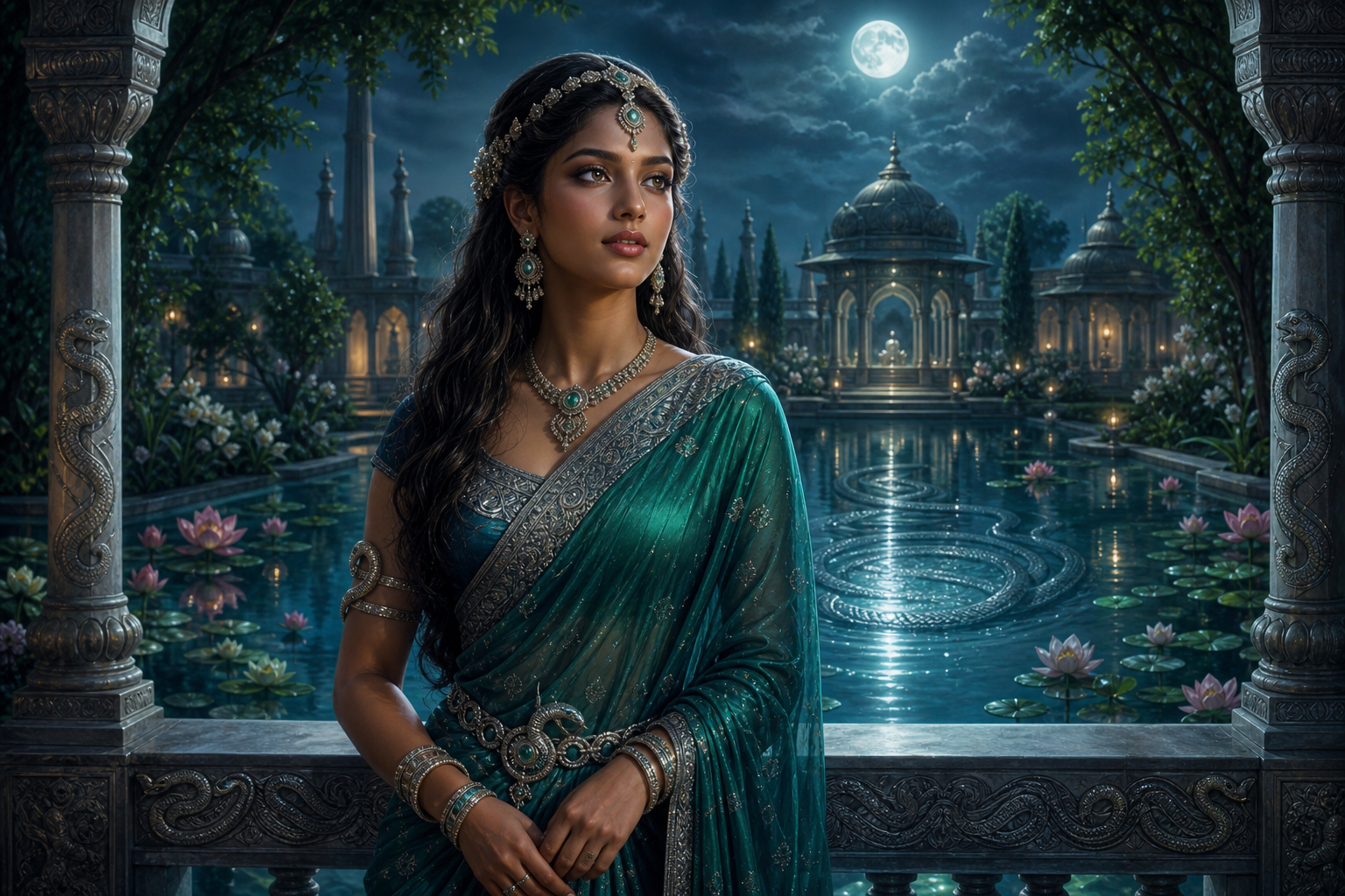 Sulochana stands beside a moonlit lotus pool with subtle serpent reflections and carved naga motifs around the garden.