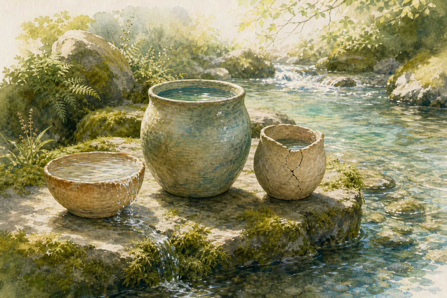 Three differently sized ceramic vessels beside a spring hold varying amounts of water, including a shallow overflowing cup and a cracked vessel.