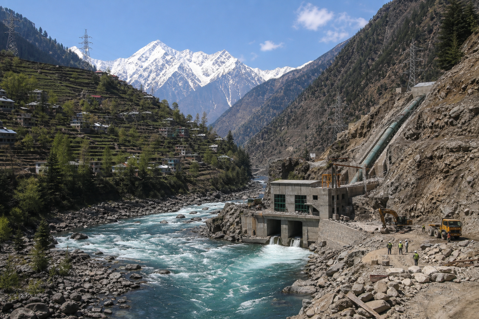 A mountain river in Jammu and Kashmir passes a hydropower station near terraced settlements and transmission lines.