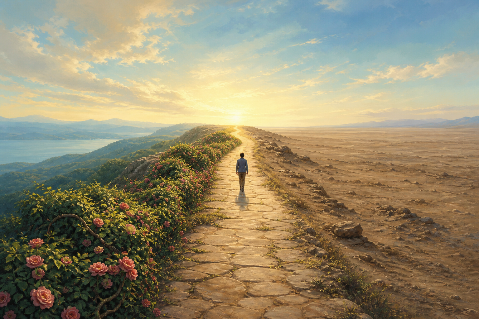 A person walks on a sunlit stone path between dense flowering vines on one side and an open barren plain on the other.