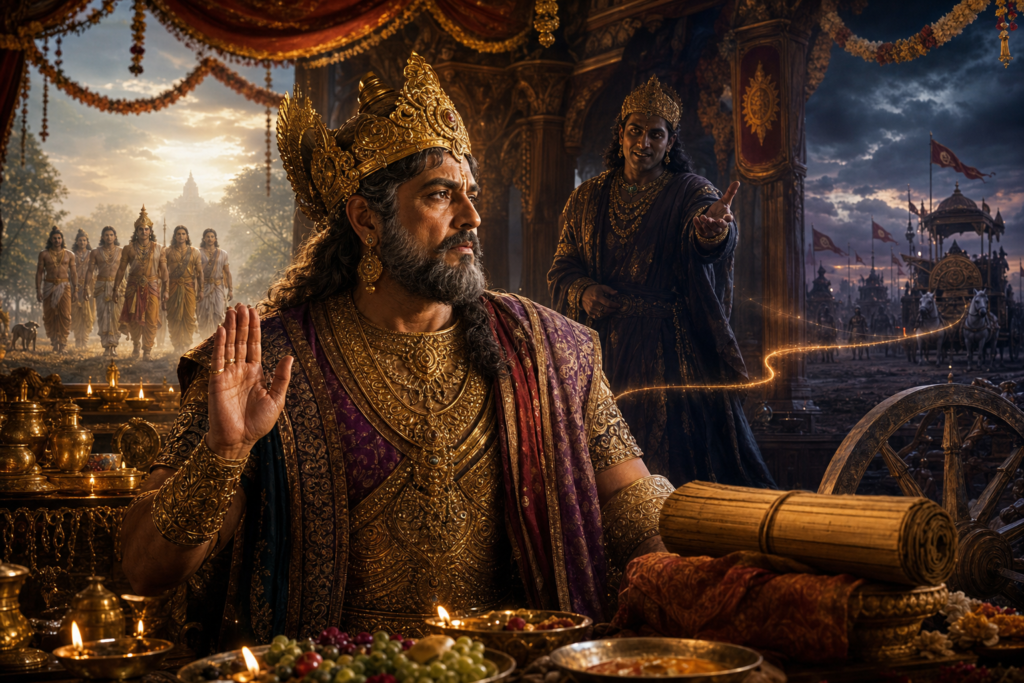 King Shalya of Madra makes a solemn vow in a royal pavilion as Duryodhana and the Kurukshetra battlefield loom behind him.