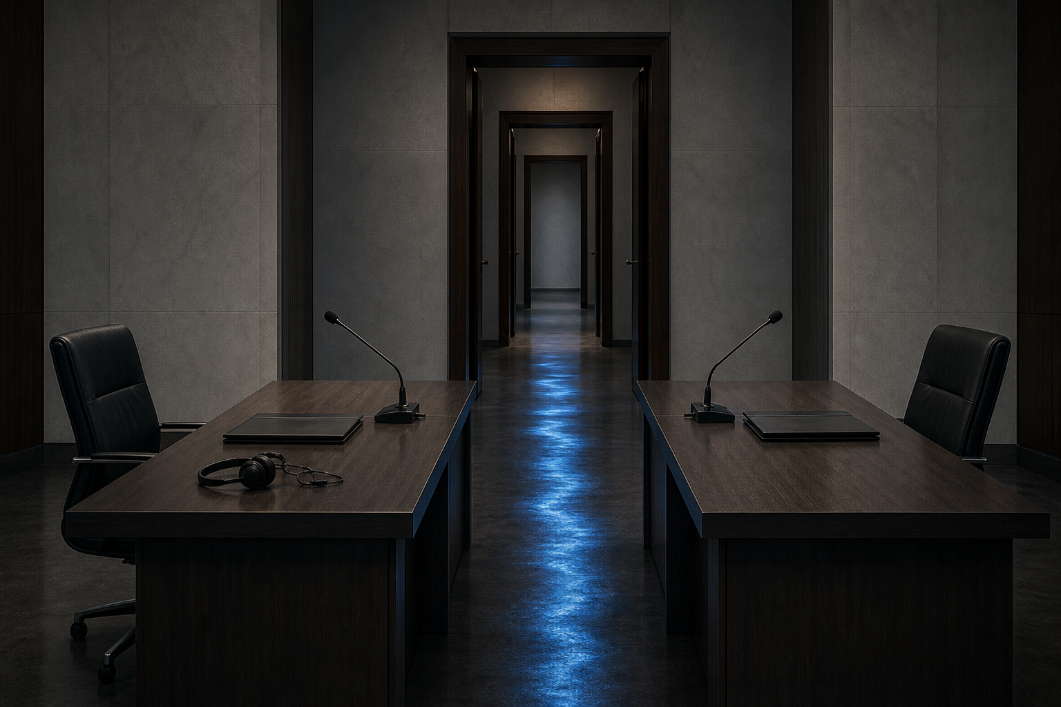 Two empty negotiation desks face each other beside closed folders, unused microphones, and a row of distant doorways.