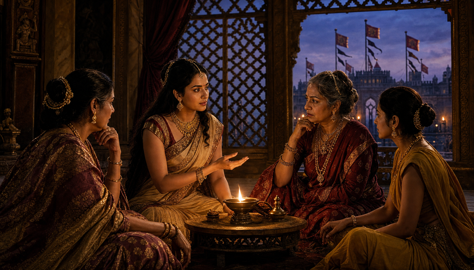 Sulochana and three women confer around an oil lamp while palace guards and military banners appear beyond a carved screen.
