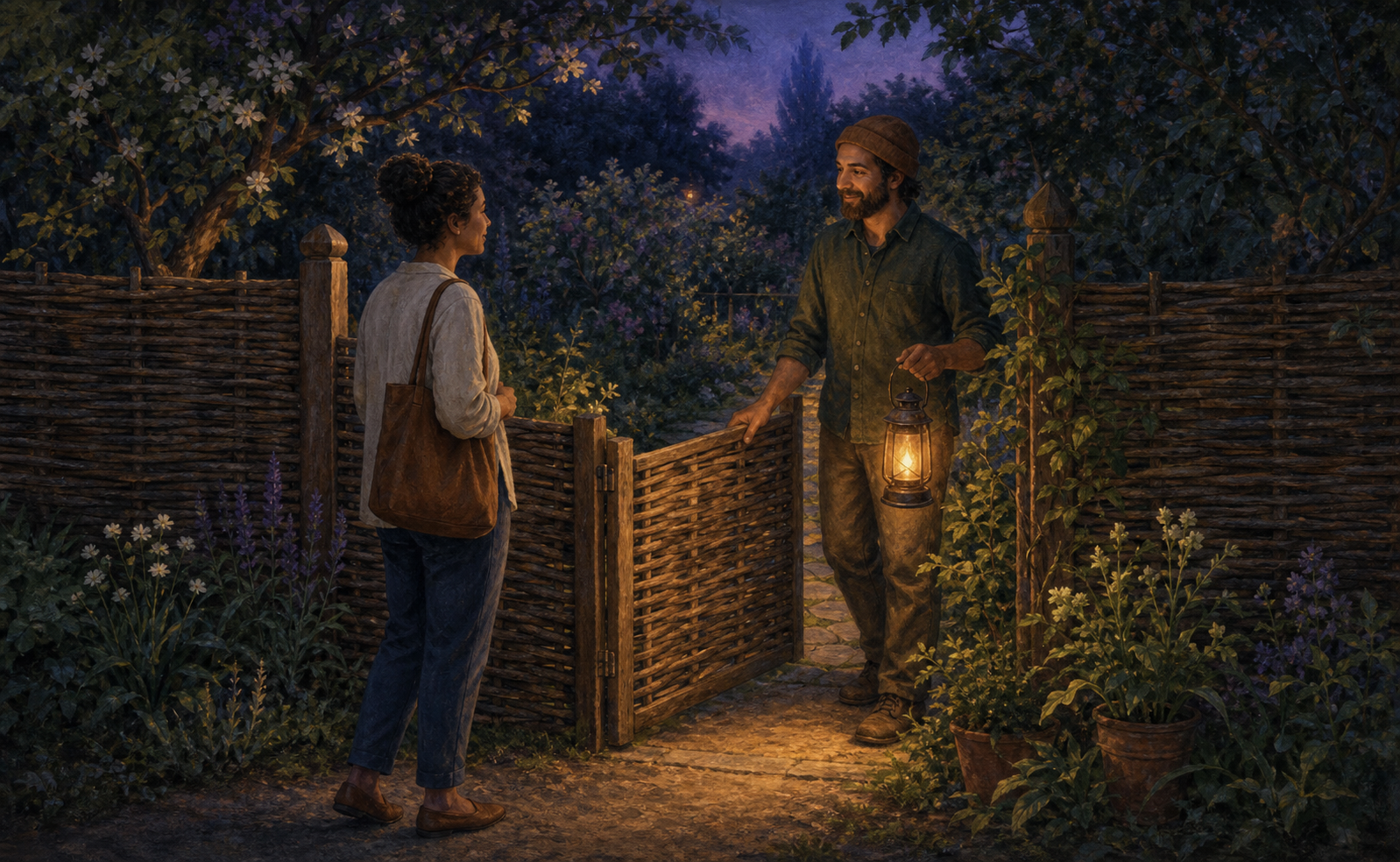 A gardener holding a lantern opens a low woven gate partway for a visitor in a twilight courtyard.