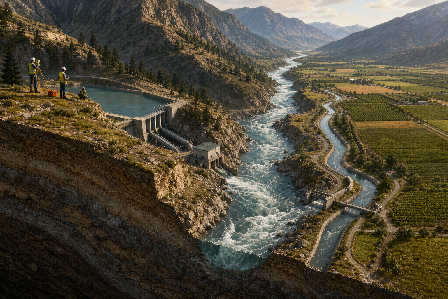A large river passes a small reservoir and hydropower intake before continuing into downstream canals and farmland.