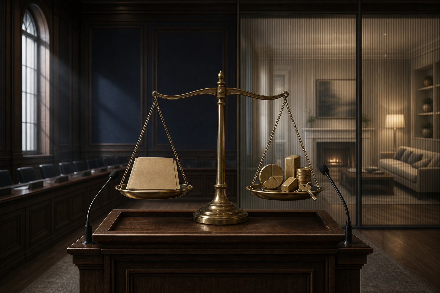 An empty government lectern faces balanced scales holding a public-service folder on one side and symbols of private wealth on the other.