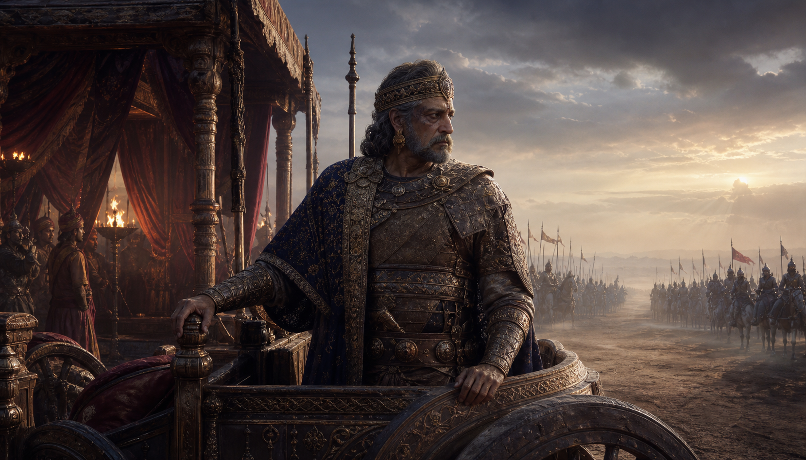 An older warrior-king stands beside a chariot between two distant armies, with a shadowed pavilion behind him and dawn breaking over the battlefield.