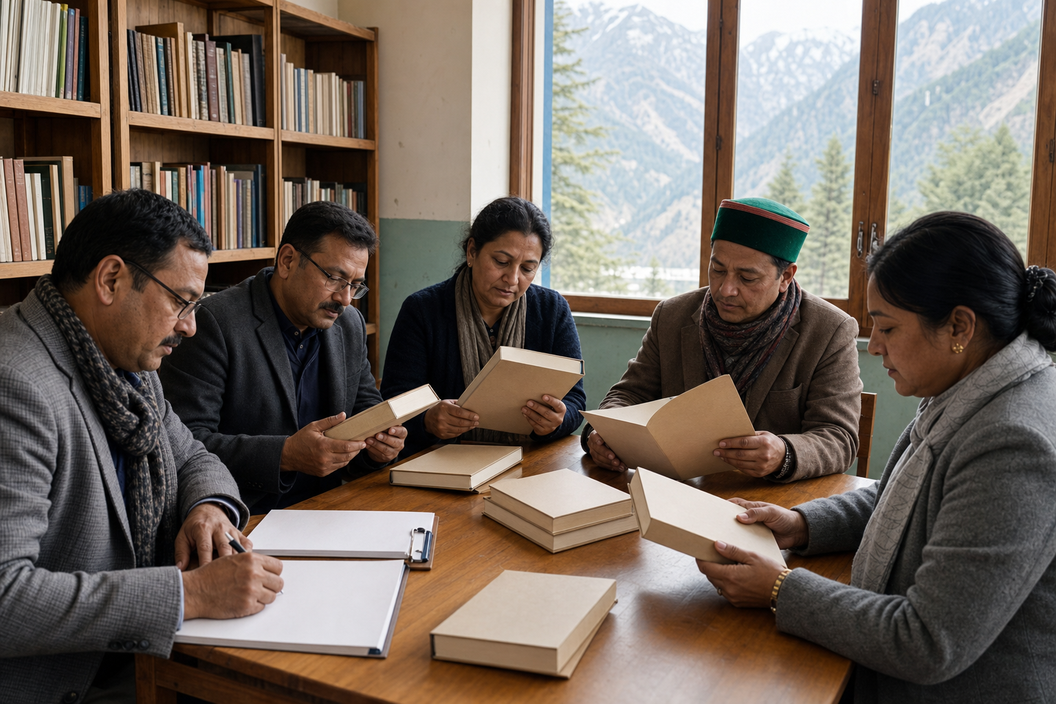 An education review committee examines unmarked books at a table inside a school library with mountain slopes visible through a window.