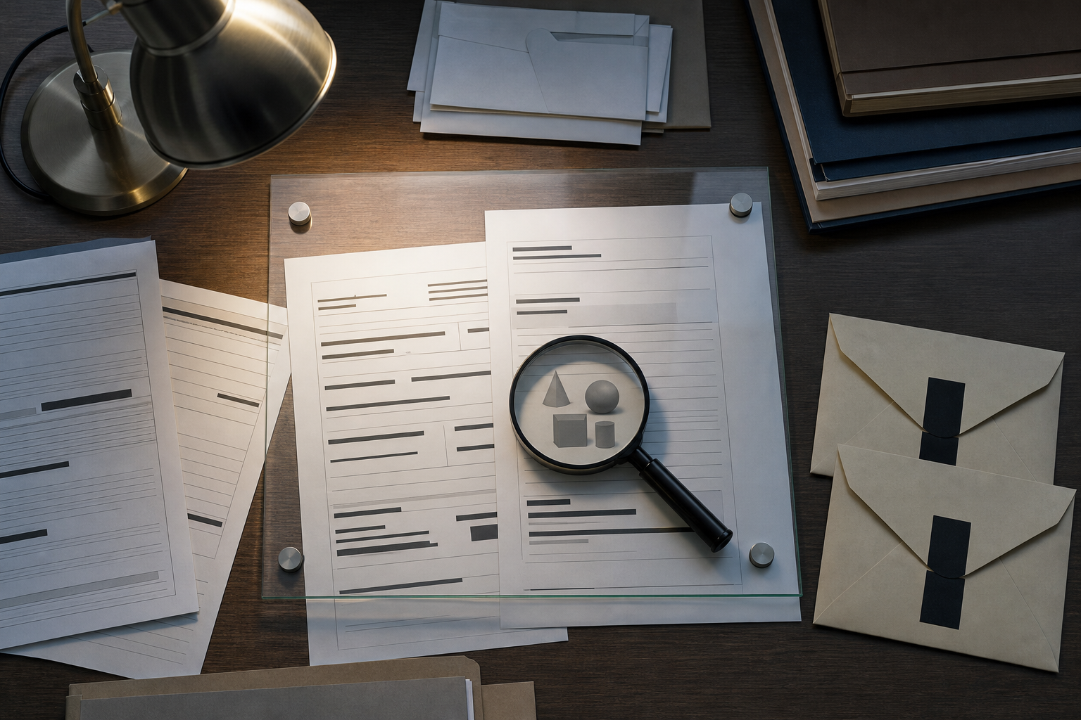 A magnifying glass rests over blank financial forms, while parts of the documents remain hidden in shadow.