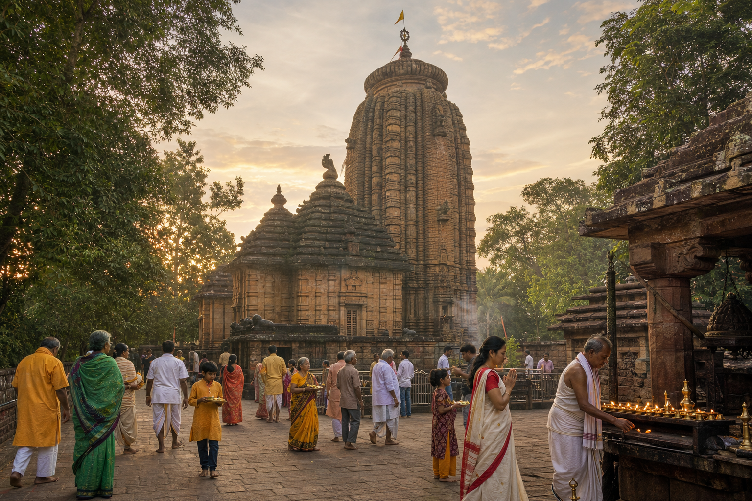 Devotees carrying flowers and lamps move through the courtyard of a sandstone Hindu temple at dawn.