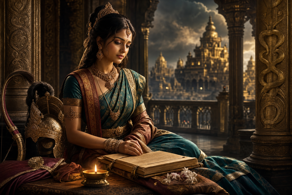 Sulochana from the Ramayana seated in golden Lanka beside a palm-leaf manuscript, oil lamp, and Indrajit’s helmet and bow.