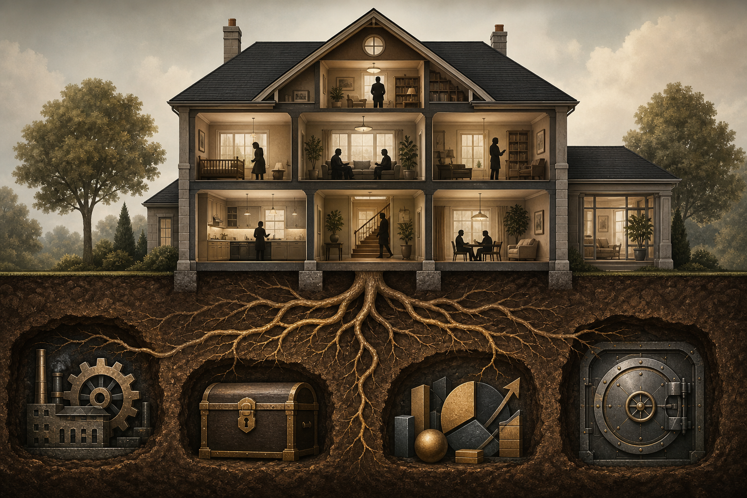 A cutaway house stands above branching roots that connect symbols of enterprise, inheritance, investments, and a family vault.