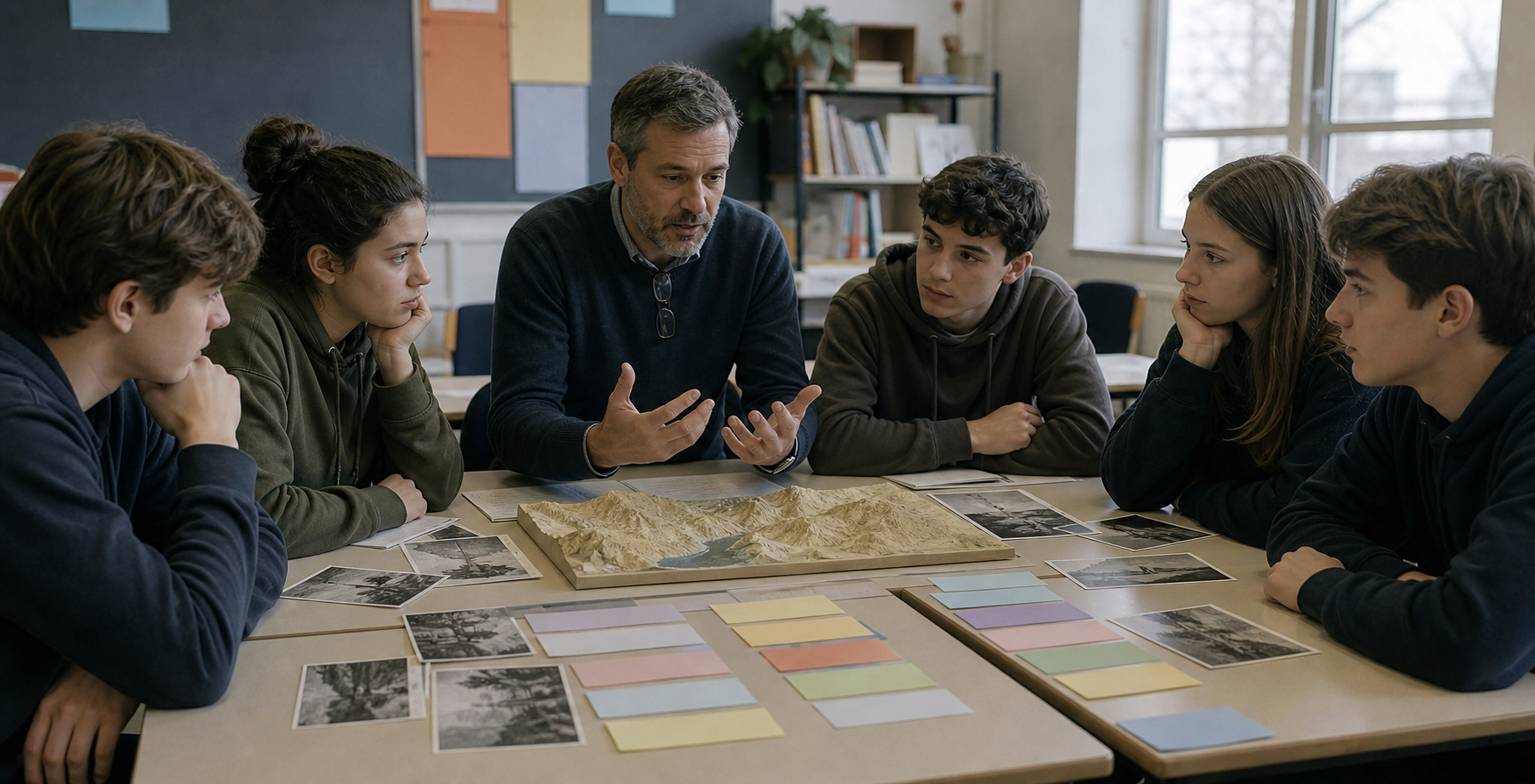 A teacher leads students in a careful classroom discussion using archival images, a relief model, and blank timeline cards.
