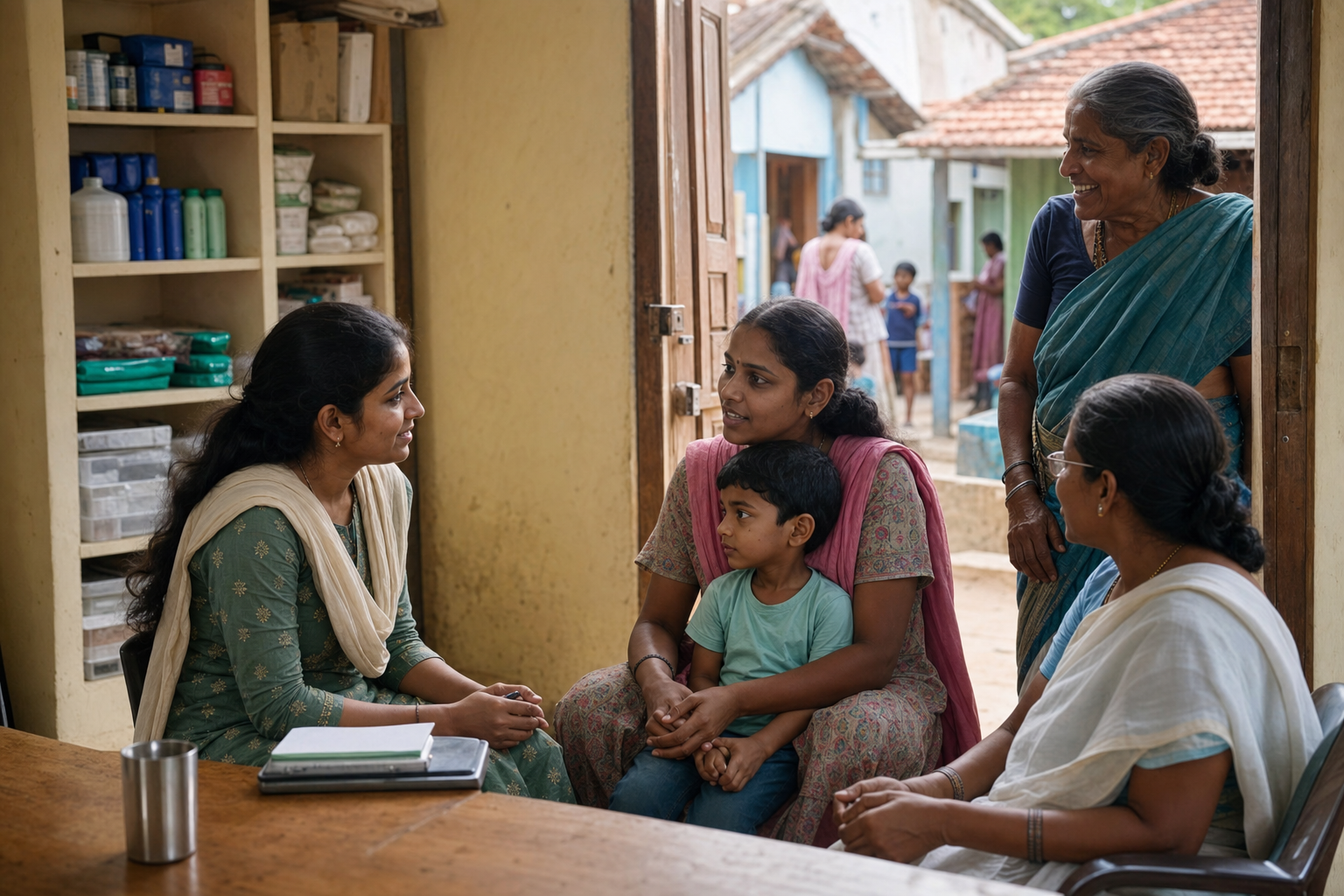 A community volunteer introduces a mother and child to a health worker inside a welcoming local service center.