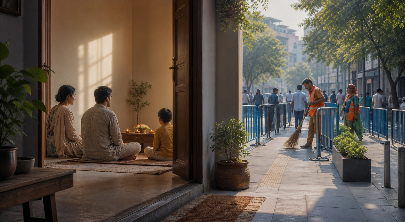 A family observes private devotion indoors while municipal workers organize pedestrian safety on the public street outside.