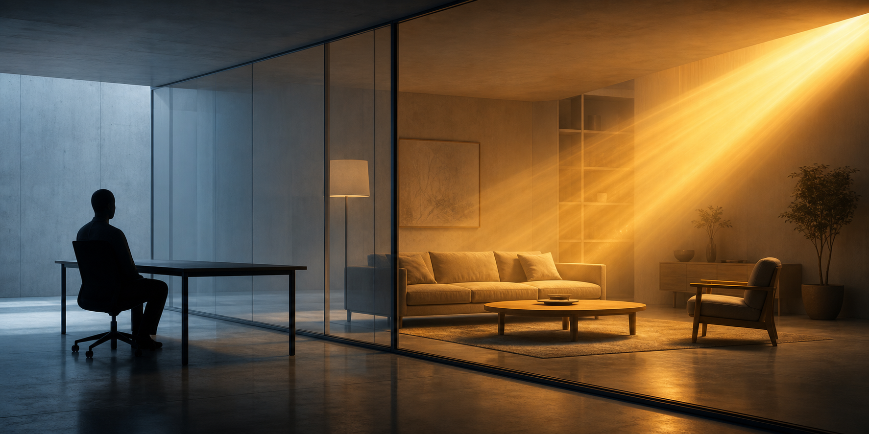 A glass wall separates an anonymous person at a desk from a household interior illuminated by golden light from investments.