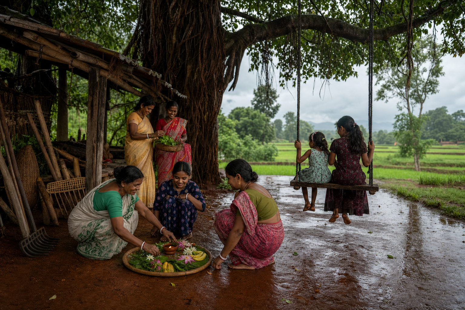 Women and girls gather in a monsoon courtyard with a tree swing, ritual offerings, and unused farming tools beside wet fields.