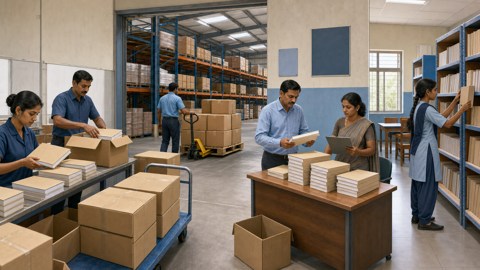 Plain books pass through publishing, warehouse inspection, distribution, and school library stages while officials perform checks.