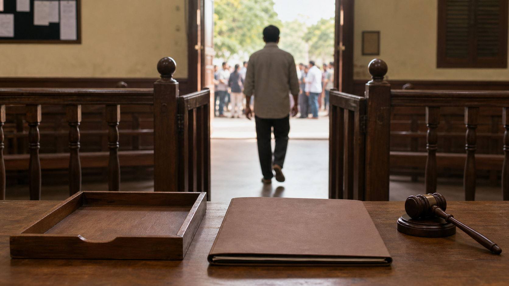 An anonymous person leaves a courtroom through an open gate while a closed case folder and empty evidence tray remain on a table.