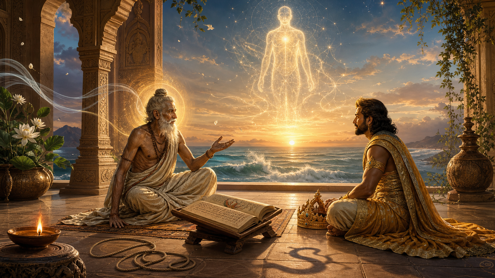 Ancient rishi teaching King Janaka as a luminous figure rises above a cosmic ocean at dawn