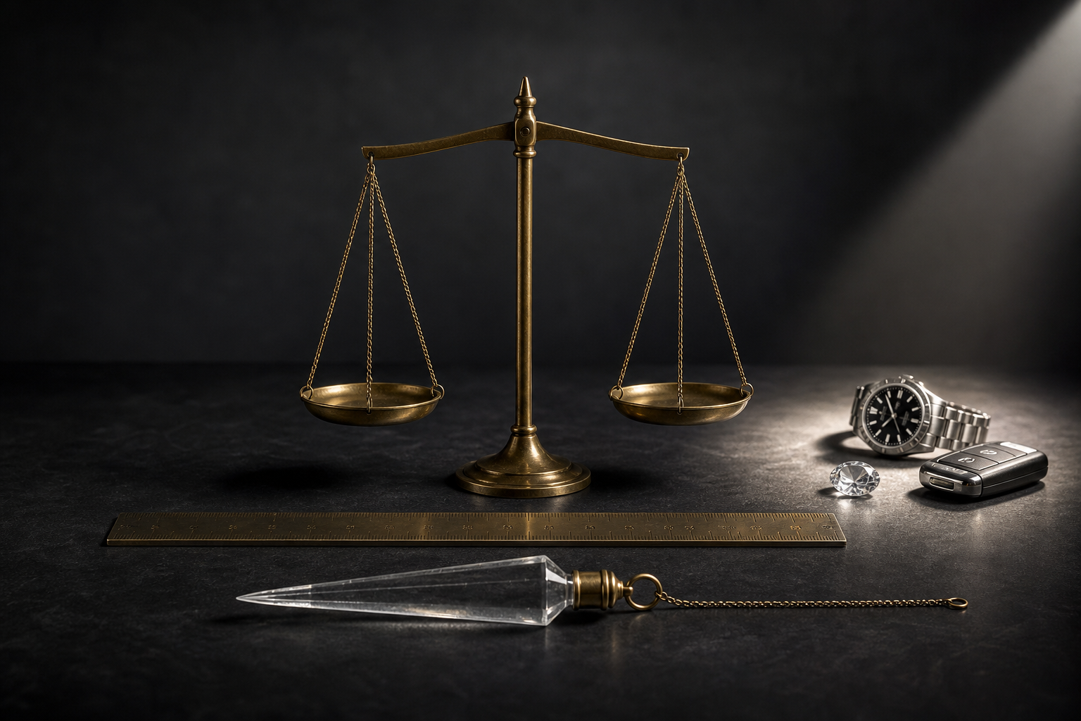 Luxury accessories sit beside a balance, ruler, and plumb line on a dark table under focused studio lighting.