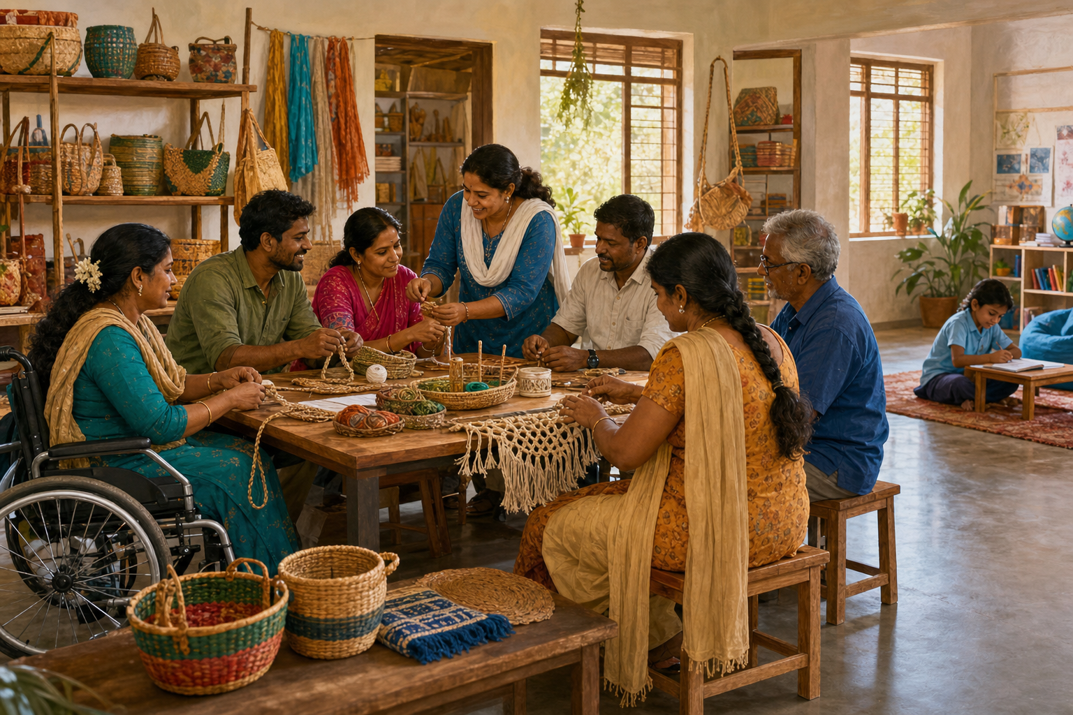 Adults collaborate in a livelihood workshop while a child studies in a nearby learning area.