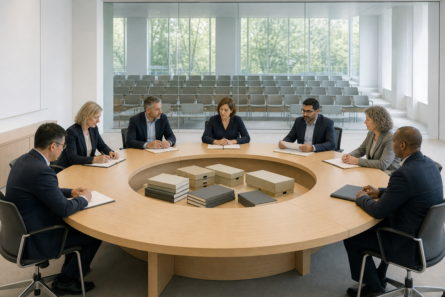 A review panel discusses unmarked books and procurement folders in a transparent meeting room with an observer gallery.