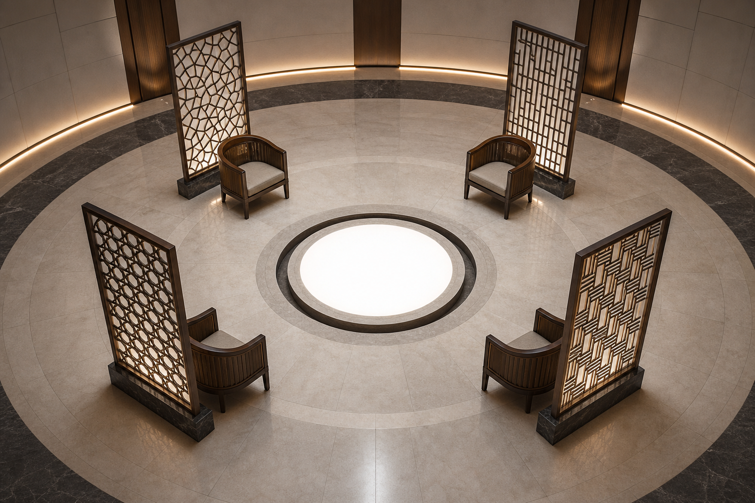 Four equally spaced empty seats surround a central pool of light in a symmetrical civic chamber.