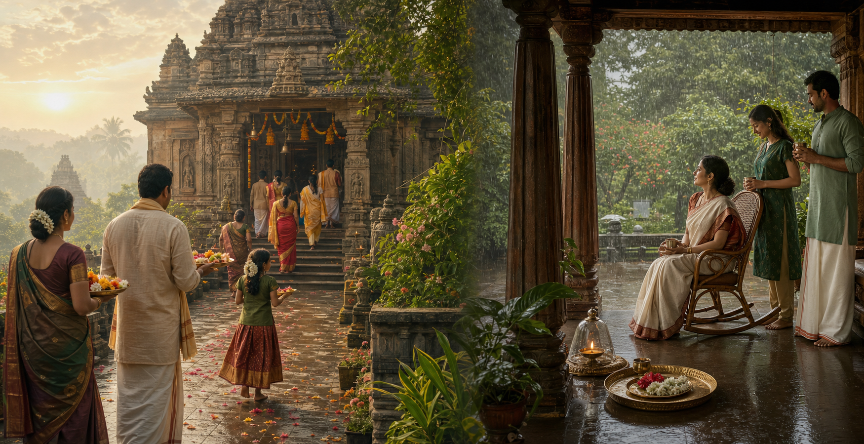 A paired scene contrasts devotees approaching a temple with a quiet household interval of ritual rest.
