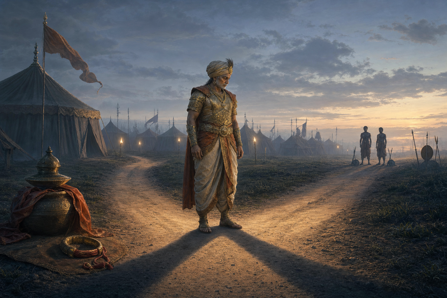 A warrior-king stands at a fork between a ceremonial pledge on one path and two waiting young kinsmen on the other.