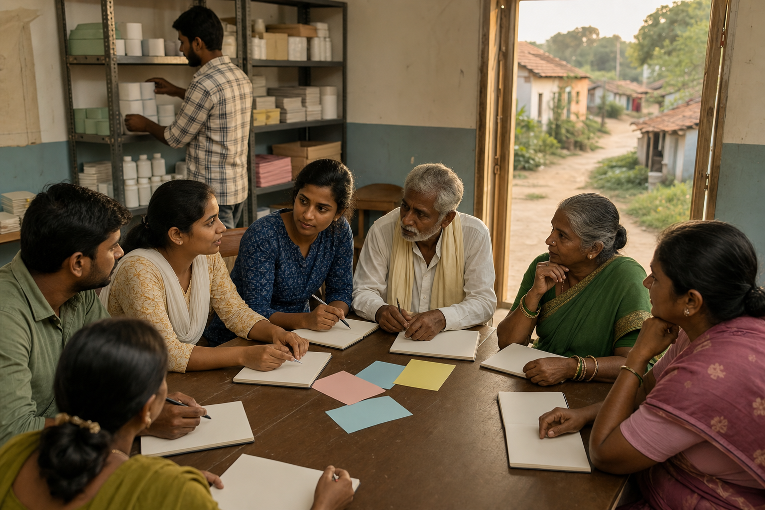 Residents and volunteers meet around a table while organized health and school supplies are checked in a community hall.