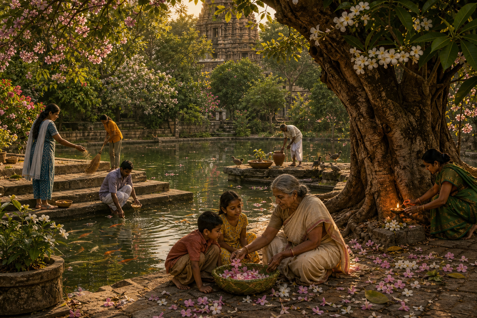 Adults and children care for a temple pond and grove by gathering fallen flowers, sweeping steps, and filling water for birds.