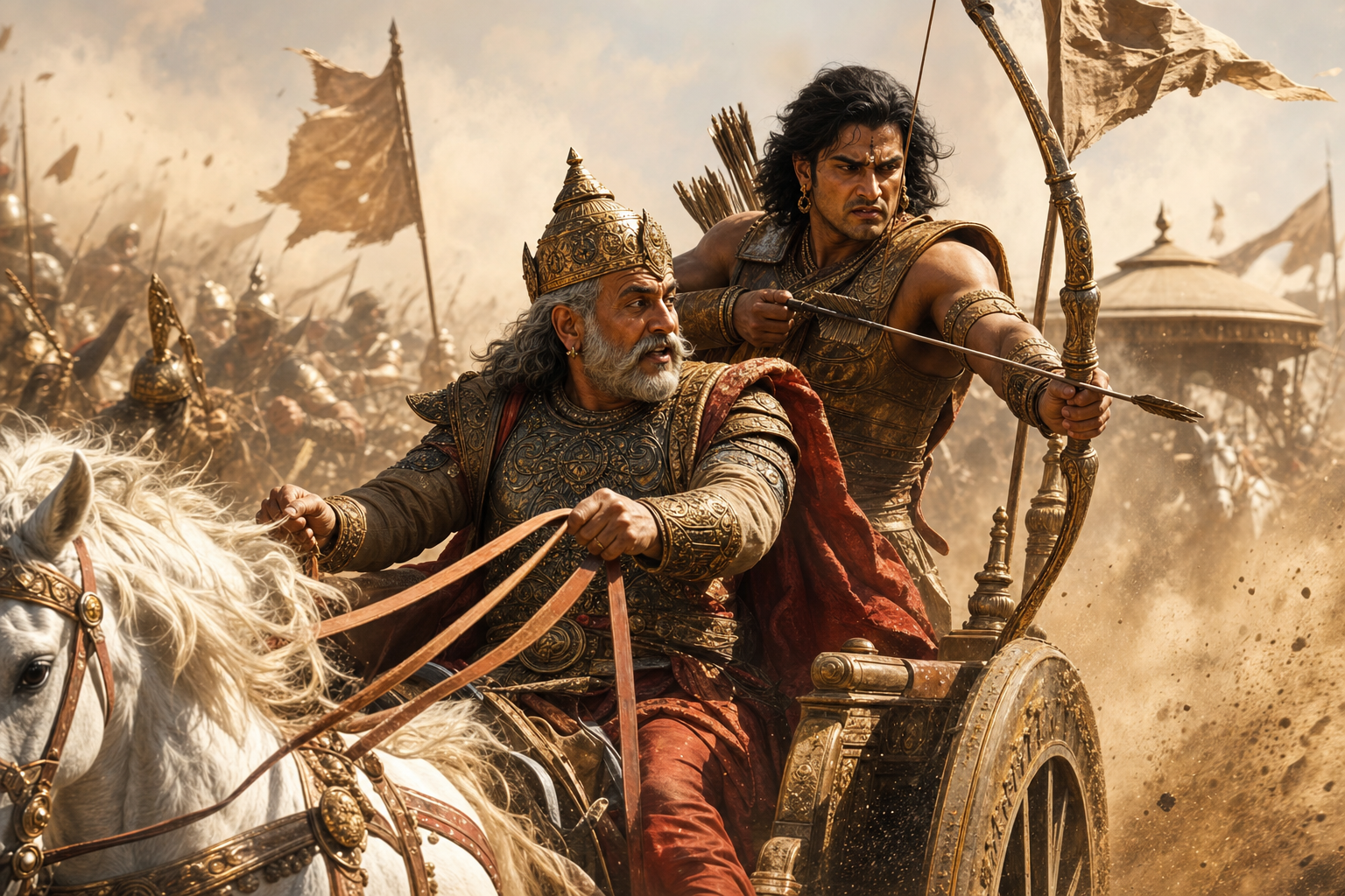 An older charioteer speaks calmly while the armored archer behind him appears tense as their horse-drawn chariot crosses a dusty battlefield.