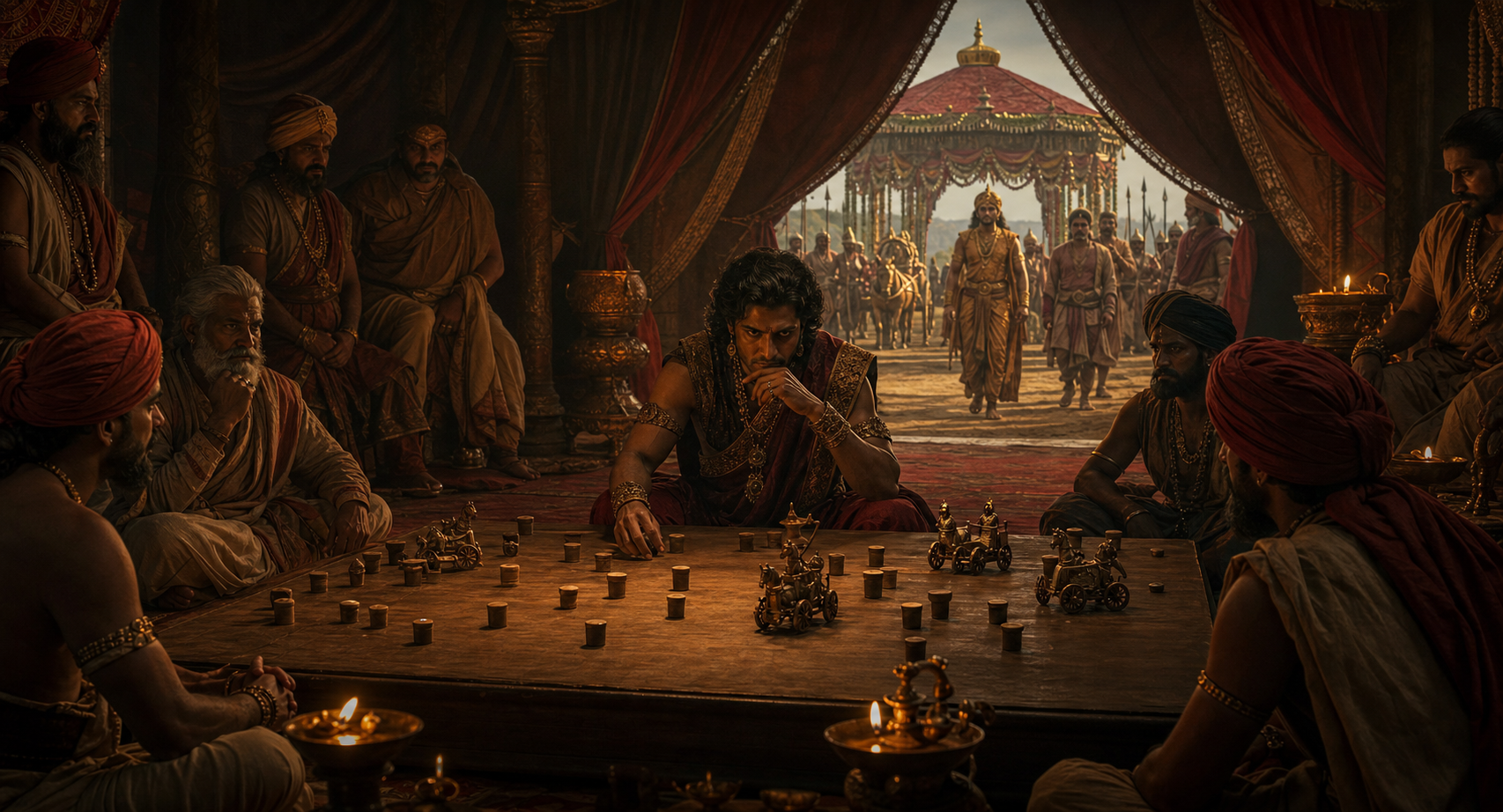 A prince arranges unmarked strategy pieces in a dim war tent while an unsuspecting guest approaches a lavish pavilion outside.