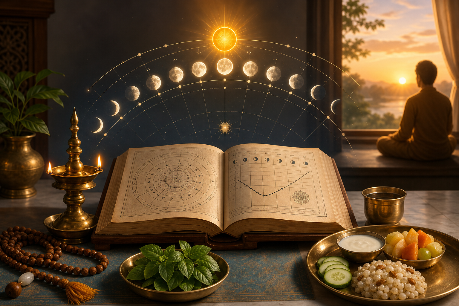 Open Panchang almanac with oil lamp, tulsi, fasting plate, and celestial Sun-Moon lunar arc for Bhooripaksha Ekadashi.