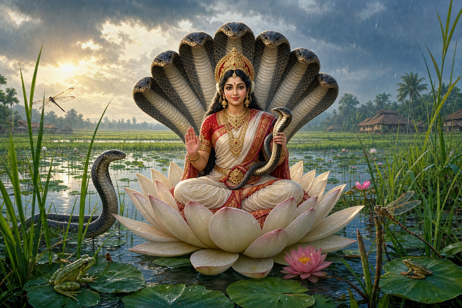 Goddess Manasa sits on a lotus beneath a seven-cobra canopy in a monsoon wetland surrounded by rice fields, reeds and wildlife.
