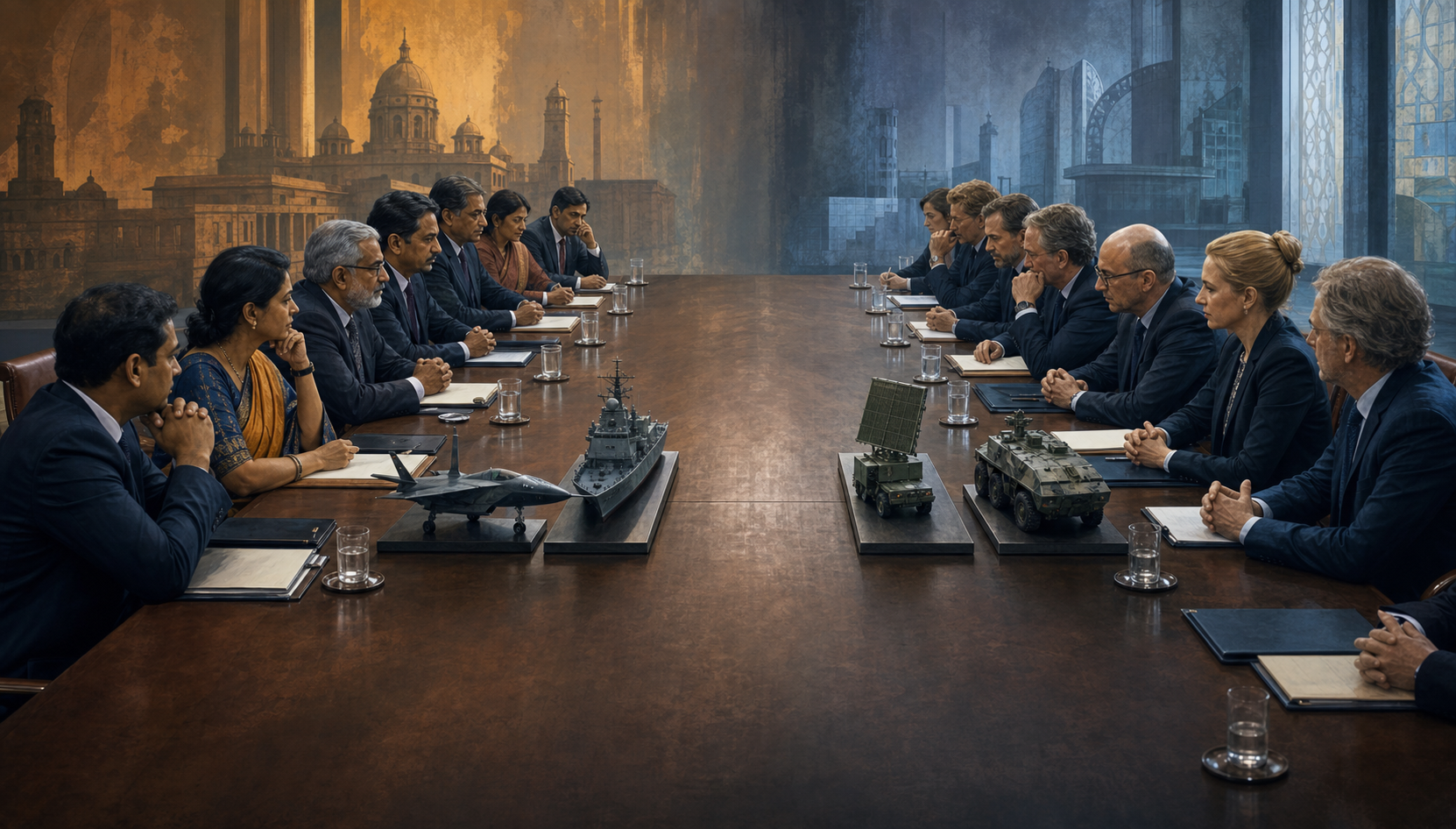 Indian and European delegates face each other across a table where models of military equipment form an incomplete bridge.