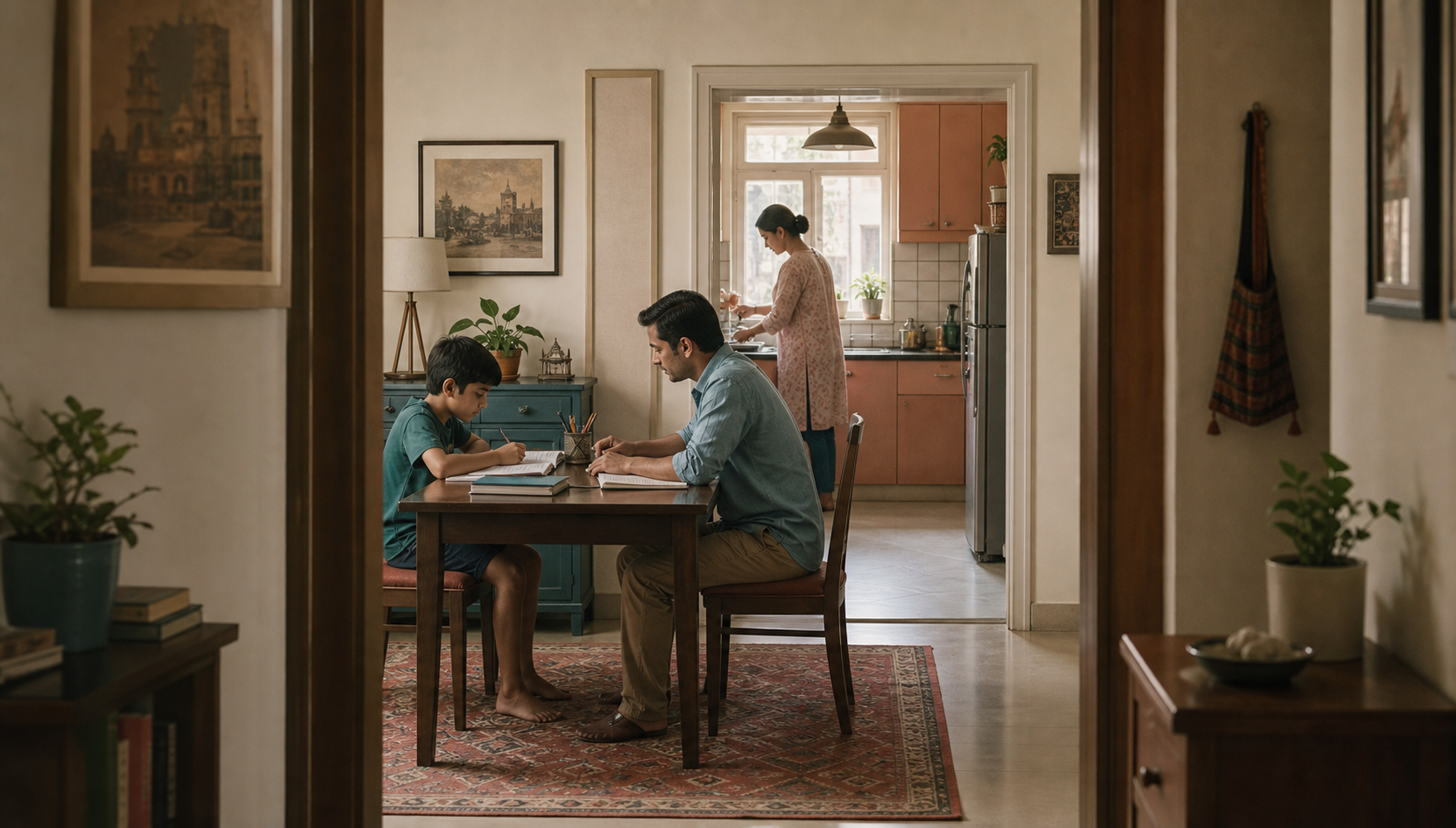 A child studies with a private tutor at a dining table while a caregiver remains visible in the adjoining room.