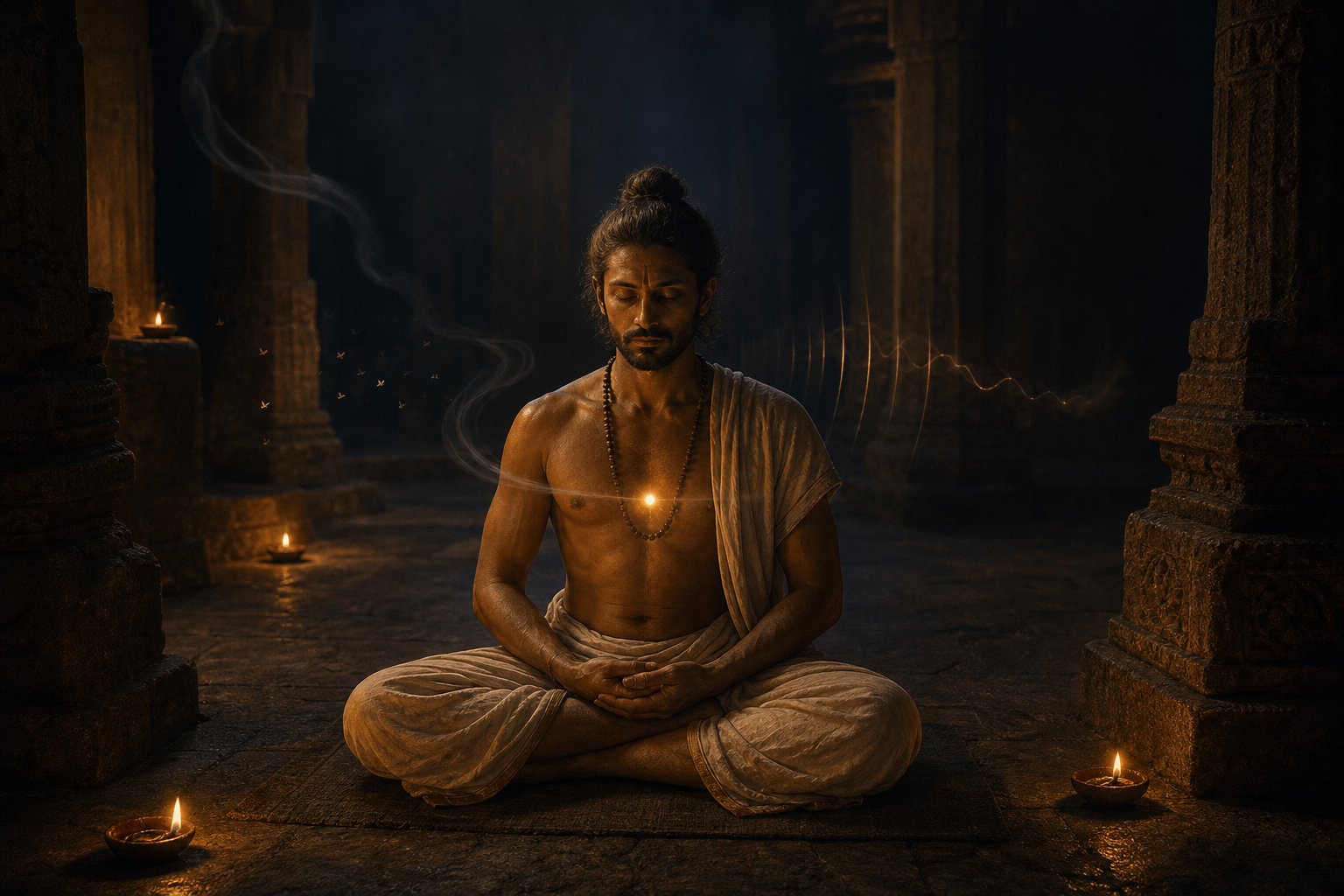 A seated practitioner meditates in a dim stone sanctuary as subtle currents converge on a small light near the heart.