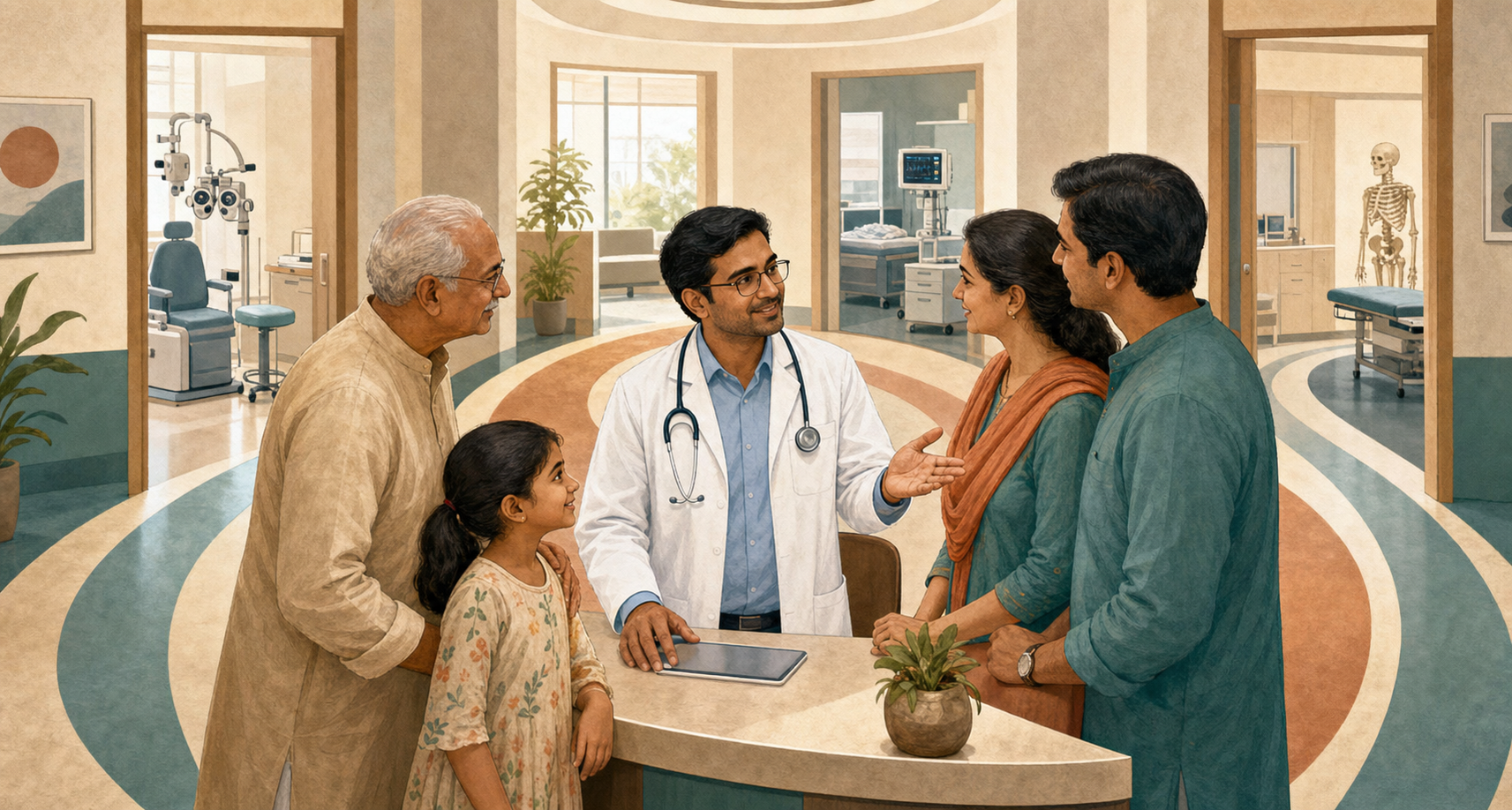 An Indian family doctor guides a multigenerational family as clinic corridors branch toward different specialist rooms.