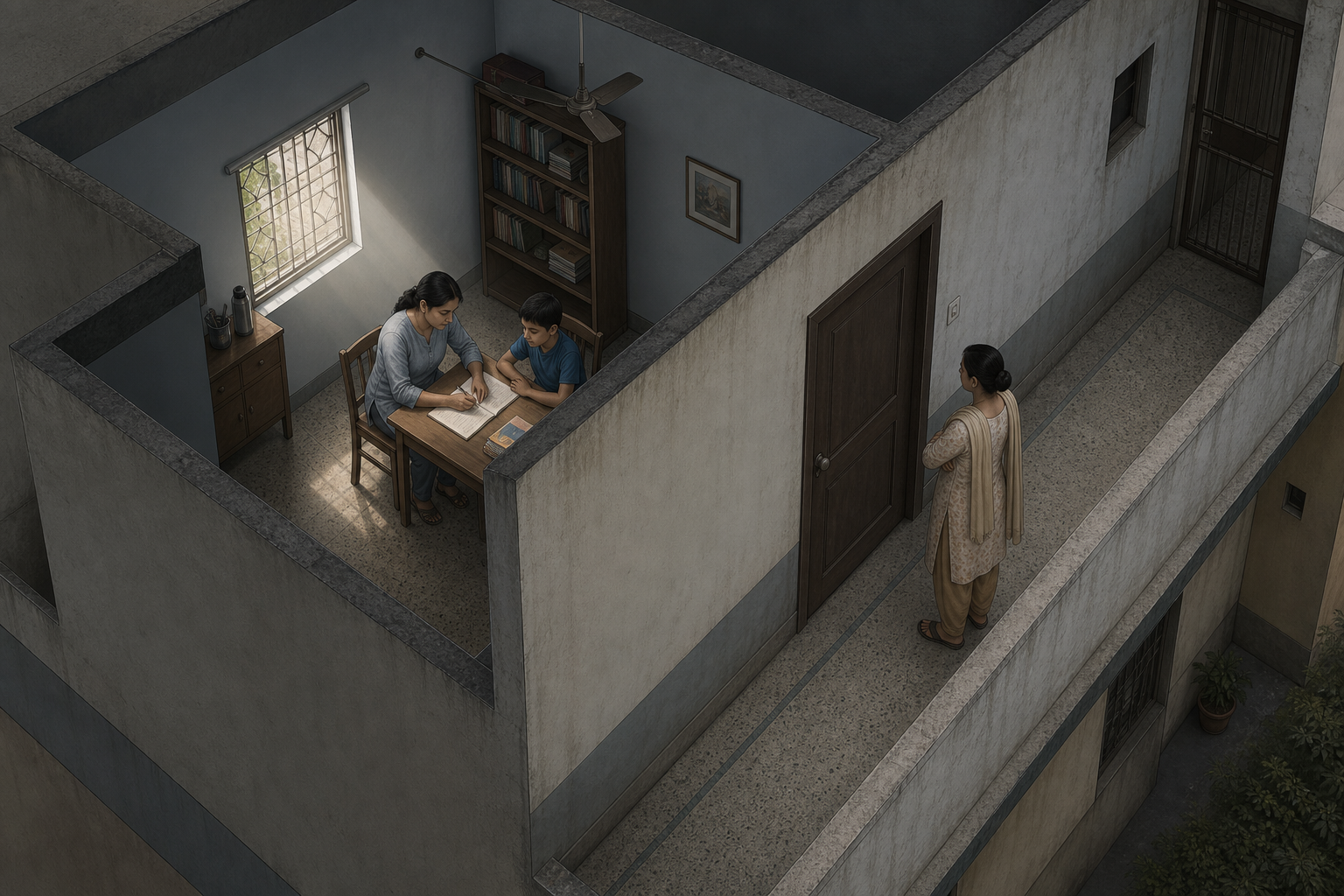 A cutaway view shows a child and tutor in a room separated from a caregiver by a closed interior door.