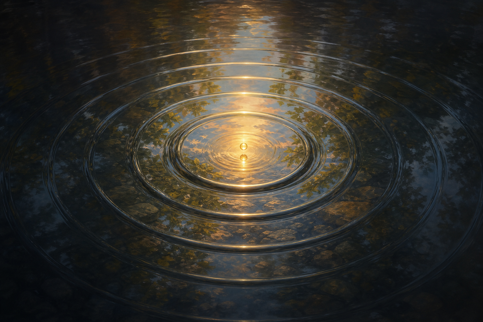 Concentric ripples narrow toward a glowing point at the center of a dark, reflective pool.