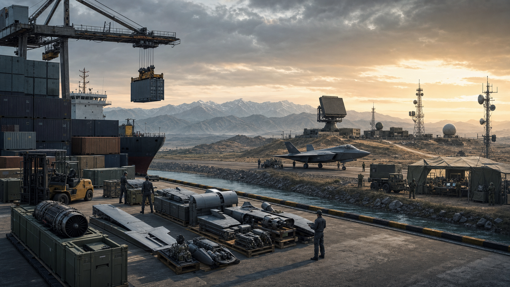 Unmarked weapons components at a port visually transition into an operational aircraft, radar and command network at a distant airfield.