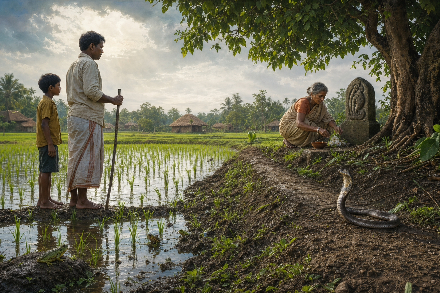 Villagers keep a respectful distance from a cobra beside a rice field while a woman places flowers at a small serpent shrine.