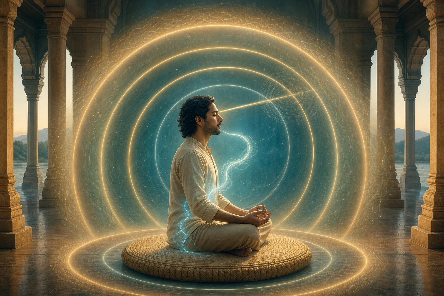 A meditator sits within six flowing concentric zones that connect posture, breath, sensory quiet, vibration, and focused attention.